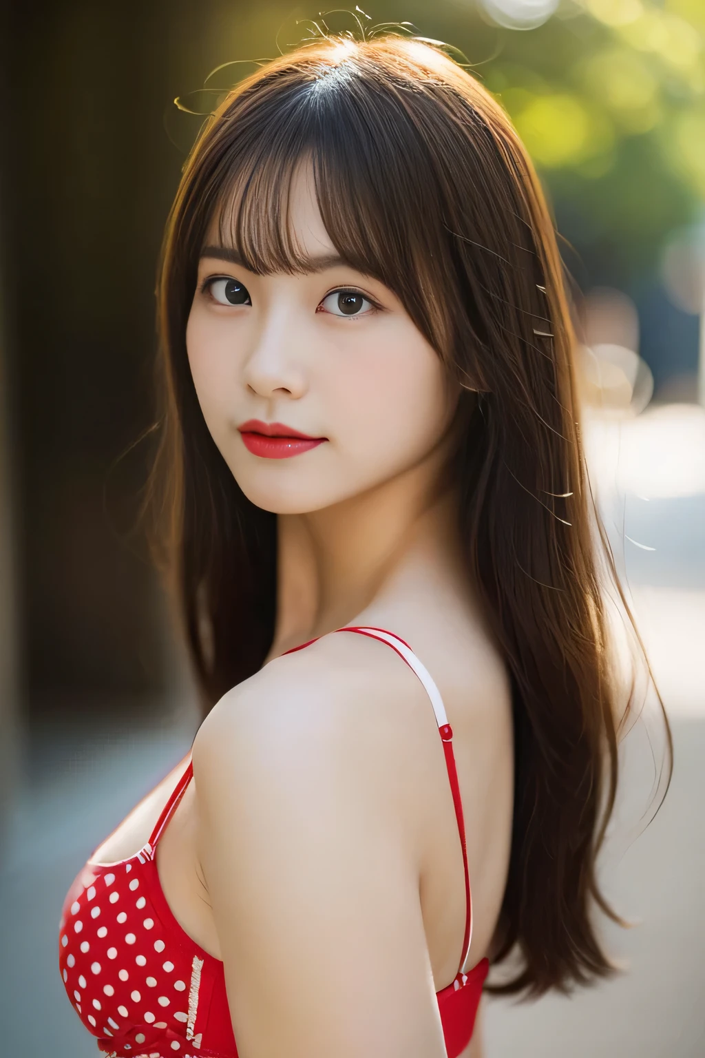 ((whole bodyを撮影する))、(realistic、Photoreal、Super detailed、best detailed skins、highest quality、masterpiece、ultra high resolution)、cute japanese、、high school girl、young girl、light makeup、1 girl、前hairがある、double eyelid、drooling eyes、big black eyes、black eye、Japanese style face、baby face、purity、watch here、realistic肌タイプ、、the wind is blowing、Light is coming in from behind、hair、（sexy panties with red polka dots、sexy bra with red polka dots、）、whole body、sexy pose、sexy ass
