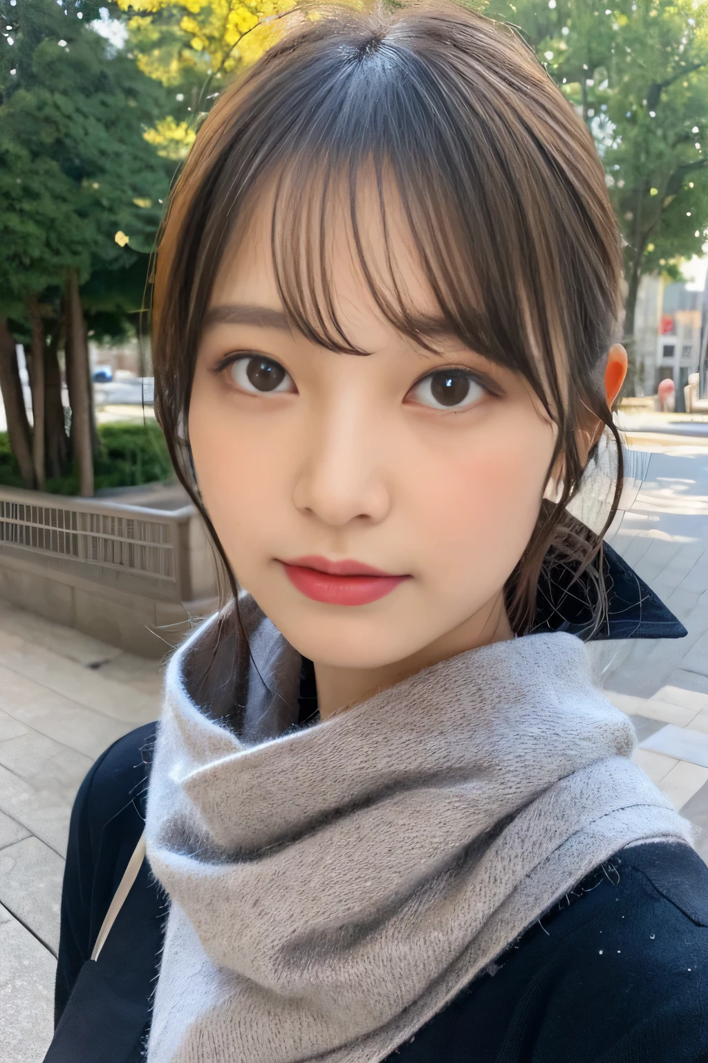 ((Show only the face、close up of face))、(realistic、Photoreal、Super detailed、best detailed skins、highest quality、masterpiece、ultra high resolution)、cute japanese、、high school girl、young girl、light makeup、1 girl、have bangs、double eyelid、drooling eyes、big black eyes、black eye、Japanese style face、baby face、purity、watch here、realistic肌タイプ、thick muffler、Grey muffler、the wind is blowing、that'It's snowing、Light is coming in from behind、Hair is hidden by a scarf、scarf hair
