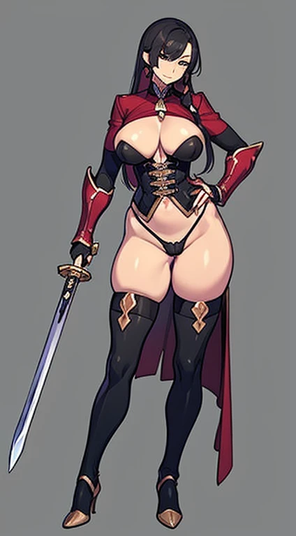 (((Best Quality))) , ((full body)), female, reference sheet, solo, (white background), holding sword, gauntlets, bustier, thigh high,