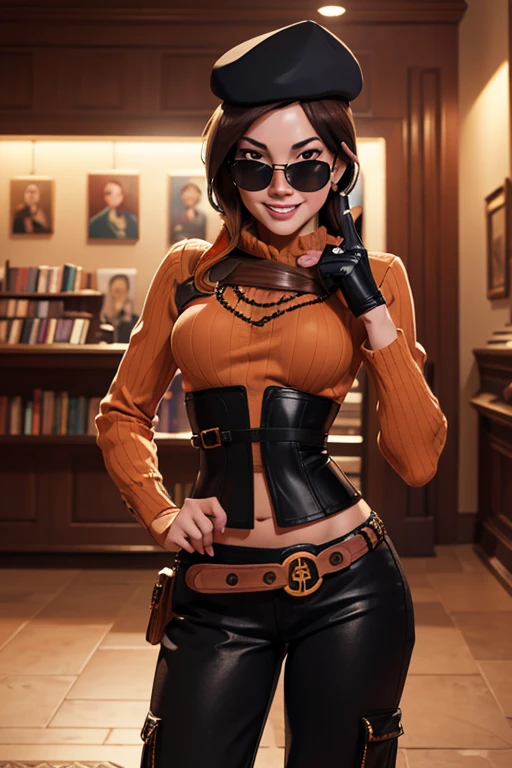 (masterpiece,stunning girlfriend, (standing:1.1), dynamic pose, heart shaped face, elegant face, beautiful face, highly detailed face, highly detailed skin, skin pores, subsurface scattering, realistic pupils, loving smile, looking at viewer, full face blush, full lips, detailed background, depth of field, atmospheric perspective, volumetric lighting, sharp focus, absurdres, realistic proportions, good anatomy, (realistic, hyperrealistic:1.4), 16k hdr, (masterpiece, best quality:1.2), cowboy shot, solo, 1girl, coco adel, grin, looking at viewer, hand on hip, beret, sunglasses, orange sweater, corset, black gloves, pants, jewelry, belt, bandolier, standing on busy street corner, bookshop, crowd, ((sfw))(masterpiece, best quality:1.2), cowboy shot, solo,