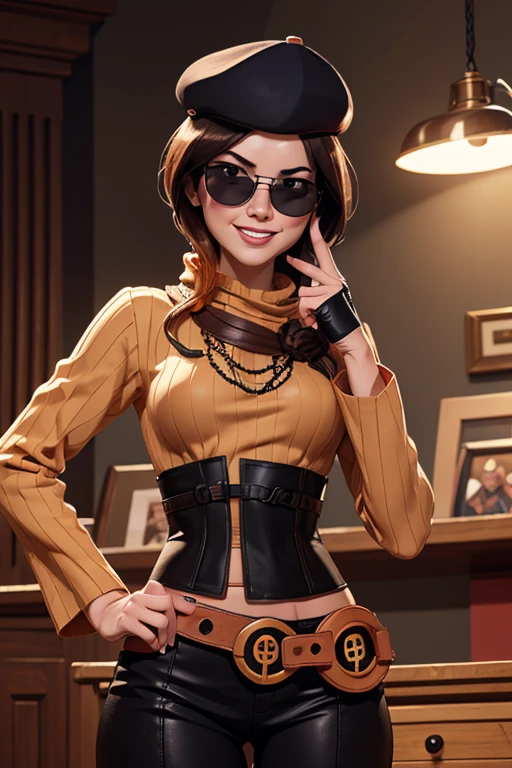 (masterpiece,stunning girlfriend, (standing:1.1), dynamic pose, heart shaped face, elegant face, beautiful face, highly detailed face, highly detailed skin, skin pores, subsurface scattering, realistic pupils, loving smile, looking at viewer, full face blush, full lips, detailed background, depth of field, atmospheric perspective, volumetric lighting, sharp focus, absurdres, realistic proportions, good anatomy, (realistic, hyperrealistic:1.4), 16k hdr, (masterpiece, best quality:1.2), cowboy shot, solo, 1girl, coco adel, grin, looking at viewer, hand on hip, beret, sunglasses, orange sweater, corset, black gloves, pants, jewelry, belt, bandolier, standing on busy street corner, bookshop, crowd, ((sfw))(masterpiece, best quality:1.2), cowboy shot, solo, 
