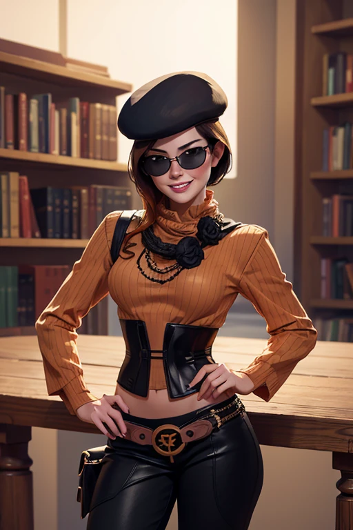 (masterpiece,stunning girlfriend, (standing:1.1), dynamic pose, heart shaped face, elegant face, beautiful face, highly detailed face, highly detailed skin, skin pores, subsurface scattering, realistic pupils, loving smile, looking at viewer, full face blush, full lips, detailed background, depth of field, atmospheric perspective, volumetric lighting, sharp focus, absurdres, realistic proportions, good anatomy, (realistic, hyperrealistic:1.4), 16k hdr, (masterpiece, best quality:1.2), cowboy shot, solo, 1girl, coco adel, grin, looking at viewer, hand on hip, beret, sunglasses, orange sweater, corset, black gloves, pants, jewelry, belt, bandolier, standing on busy street corner, bookshop, crowd, ((sfw))(masterpiece, best quality:1.2), cowboy shot, solo, 
