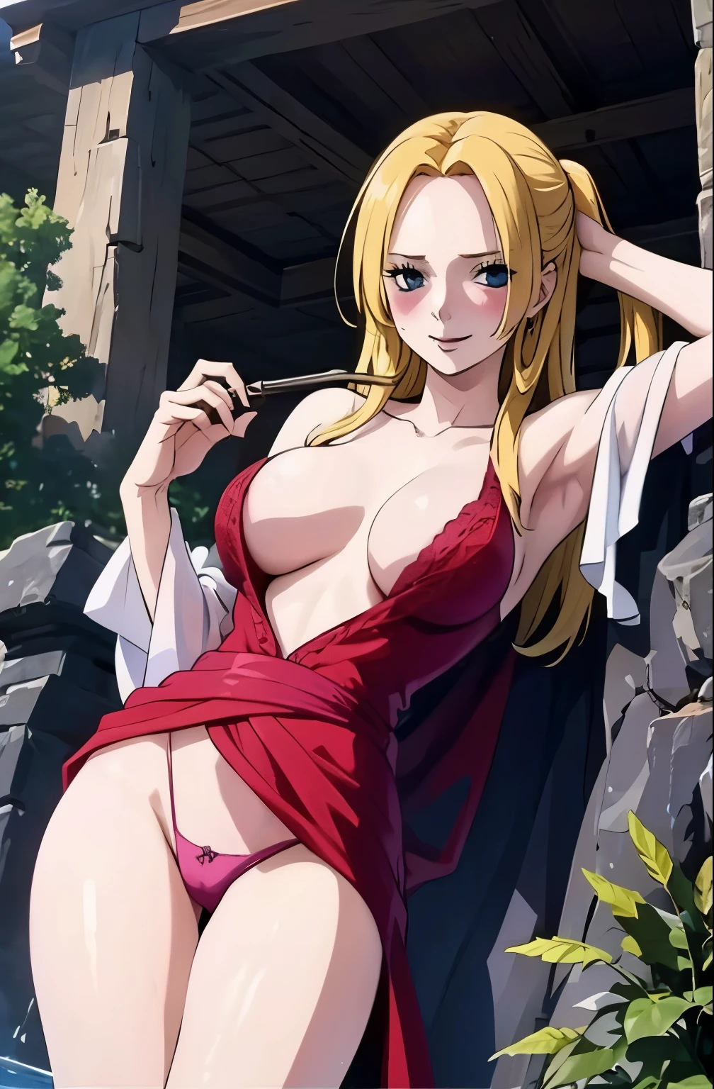 body: pale skin, strawberry blonde hair, girl, hair down, slightly freckled, slight overweight, soft, busty, navel
clothing: hair ribbon, thin sheer robe, low opacity fabric
pose: blushing, slightly smiling, bliss, lying down, legs parted, hands in panties
setting: sauna
aesthetic: average person, soft face, well lit room, soft eyes,