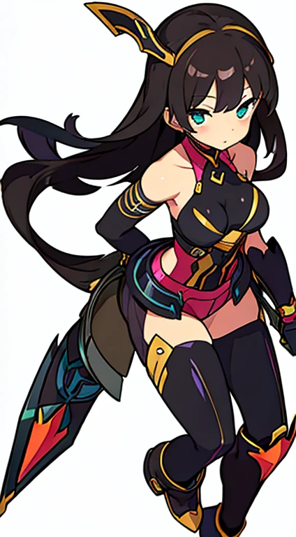 (((Best Quality))) , ((full body)), female, reference sheet, solo, (white background), holding sword, gauntlets, thigh high, bustier,