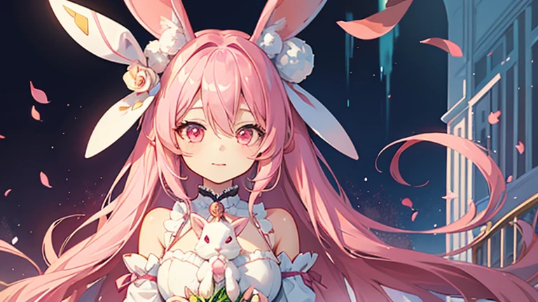 beautiful illustrations, highest quality, pretty girl, pastel colour, fluffy rabbit ears, , pink long hair, rabbit stuffed, bright lighting, pale pink eyes,fantasy world,Holding rabbits
