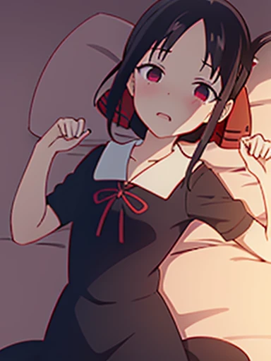 (masterpiece, Highest quality), One girl,    Yunyun,Long Hair,Braiding,Twin tails,Hair between the eyes,Red hair ribbon,hair ornaments,large round breasts,、Red Eyes、Black Hair、(blush)、Young face、(Close your eyes:1.5)、((Yellow pajamas with bare shoulders))、(Lying in bed)