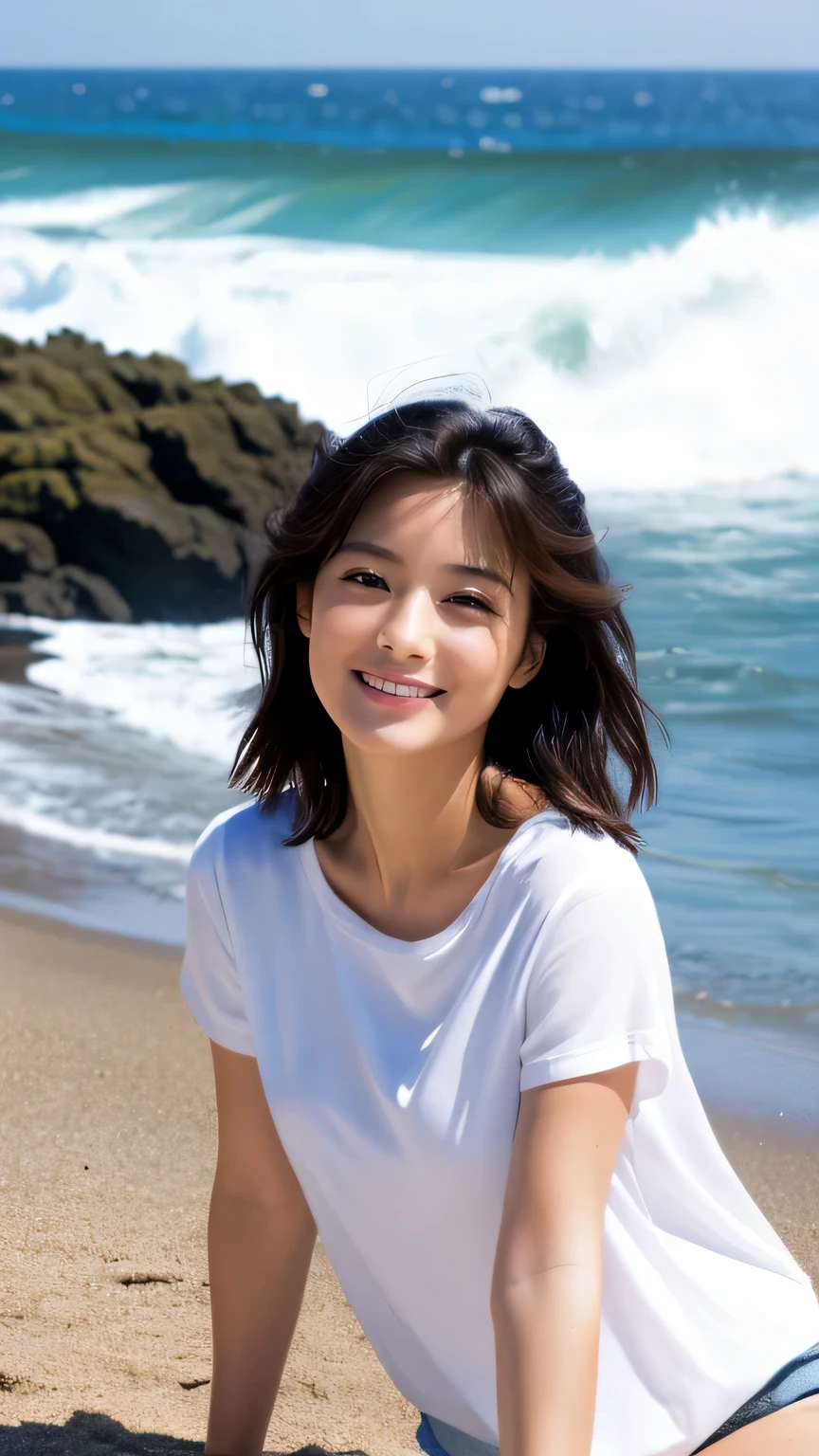 (half body shot:1.4), hyper realism, (Photoreal:1.4), 8K, maximum resolution, (masterpiece), very detailed, highest quality, sophisticated facial features, The most beautiful woman in Japan, Detailed beautiful eyes and lips, Canon R5 50mm, Nogizaka, (japanese idol:1.3), smile, big breasts, casual chambray shirt and white shorts, Relaxed, along the coast, beach side picnic, Crashing waves,