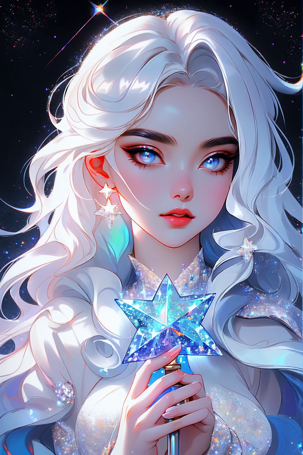{-erro_de_anatomia:1.0} masterpiece, highest quality, (perfect face:1.1, (high detail)1.1, sweet stardust vampire , long soft white hair, opal eyes, perfectly drawn face, black dress, stars detailed background, prismatic lighting, glitter, whole bod., Very sexy, kneeling holding a crystal star in her hands
