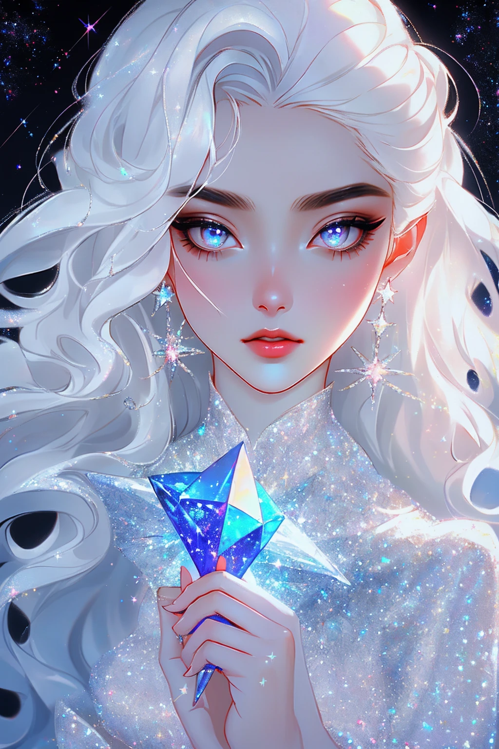 {-erro_de_anatomia:1.0} masterpiece, highest quality, (perfect face:1.1, (high detail)1.1, sweet stardust vampire , long soft white hair, opal eyes, perfectly drawn face, black dress, stars detailed background, prismatic lighting, glitter, whole bod., Very sexy, kneeling holding a crystal star in her hands