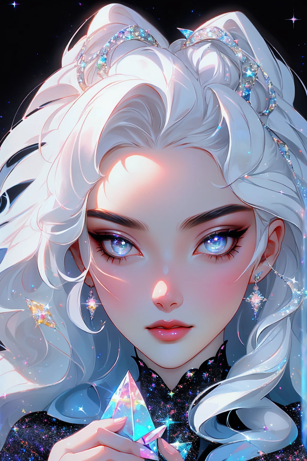 {-erro_de_anatomia:1.0} masterpiece, highest quality, (perfect face:1.1, (high detail)1.1, sweet stardust vampire , long soft white hair, opal eyes, perfectly drawn face, black dress, stars detailed background, prismatic lighting, glitter, whole bod., Very sexy, kneeling holding a crystal star in her hands