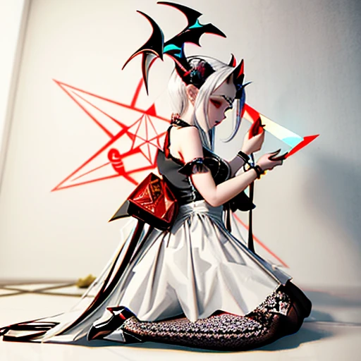 Side view of a hellish goat dressed in a pretty girl's dress, anthropomorphic -goat, full body render, goat girl with a lush horns,  ((pentagram on a forehead)), sad, blood from the eyes, head down, flowers in her hand, devilish goat, Satan's goat