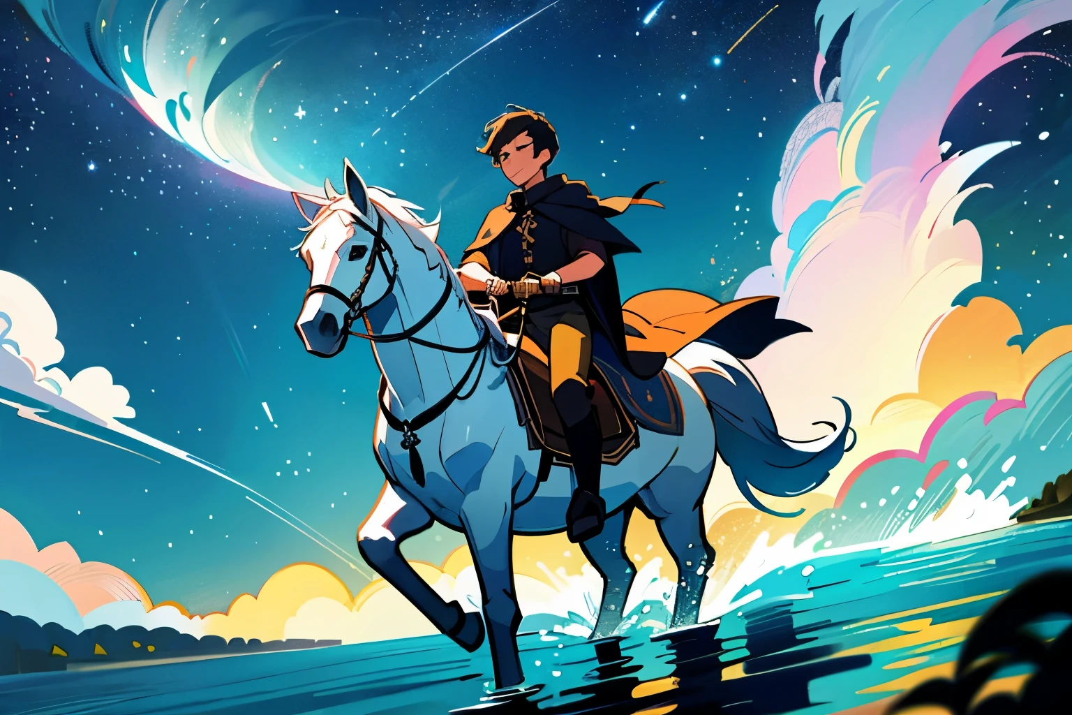 handsome boy and cute girl、Riding a white horse、cool、On the shores of the lake、fantasy costume、starry sky