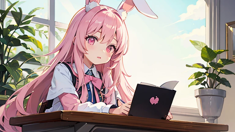 beautiful illustrations, highest quality, pretty girl, pastel colour, fluffy rabbit ears, , pink long hair, rabbit stuffed, pale pink eyes,Studying at a desk