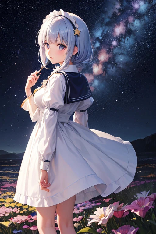 close up shot, Anime girl wearing white glass , stand on land,night view ,Lots of stars in the night sky,milky way ,colorful flowers,Close-up of a headshot, oil painting style, Very obvious oil painting strokes, impressionist palette style, 32k uh, beautiful, tomorrow, old time, Color Cartoon - AR 3:4 --