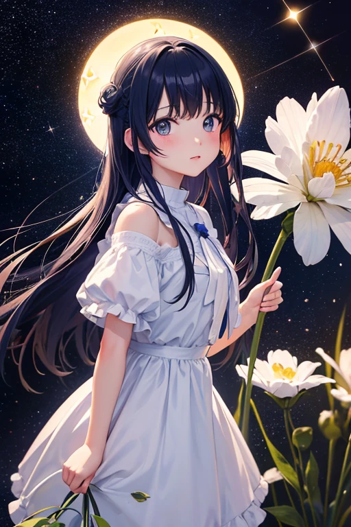 close up shot, Anime girl wearing white glass , stand on land,night view ,Lots of stars in the night sky,milky way ,colorful flowers,Close-up of a headshot, oil painting style, Very obvious oil painting strokes, impressionist palette style, 32k uh, beautiful, tomorrow, old time, Color Cartoon - AR 3:4 --