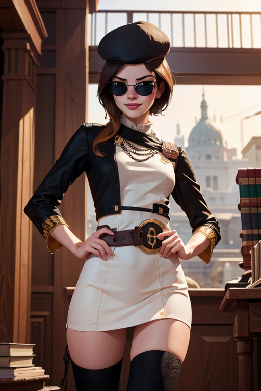 (masterpiece,stunning girlfriend, (standing:1.1), dynamic pose, heart shaped face, elegant face, beautiful face, highly detailed face, highly detailed skin, skin pores, subsurface scattering, realistic pupils, loving smile, looking at viewer, full face blush, full lips, detailed background, depth of field, atmospheric perspective, volumetric lighting, sharp focus, absurdres, realistic proportions, good anatomy, (realistic, hyperrealistic:1.4), 16k hdr, (masterpiece, best quality:1.2), cowboy shot, solo, 1girl, coco adel, looking at viewer, hand on hip, beret, white mini dress, jewelry, belt, bandolier, sunglasses, standing on busy street corner, bookshop, crowd, ((sfw))
