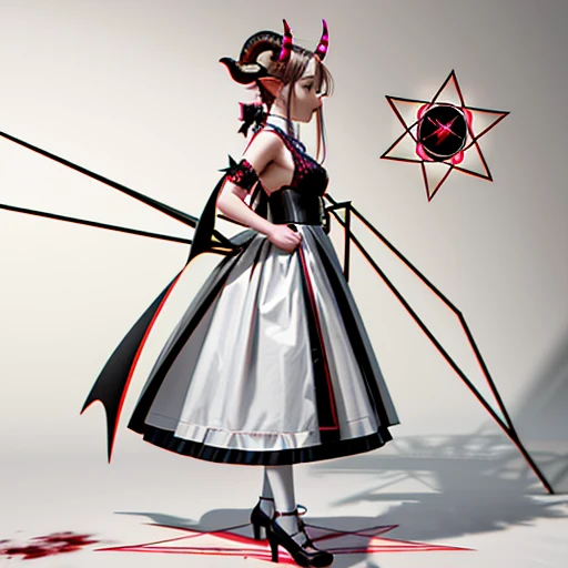 Side view of a hellish goat dressed in a pretty girl's dress, anthropomorphic -goat, full body render, goat girl with a lush horns,  ((pentagram on a forehead)), sad, blood from the eyes, head down, flowers in her hand, devilish goat, Satan's goat