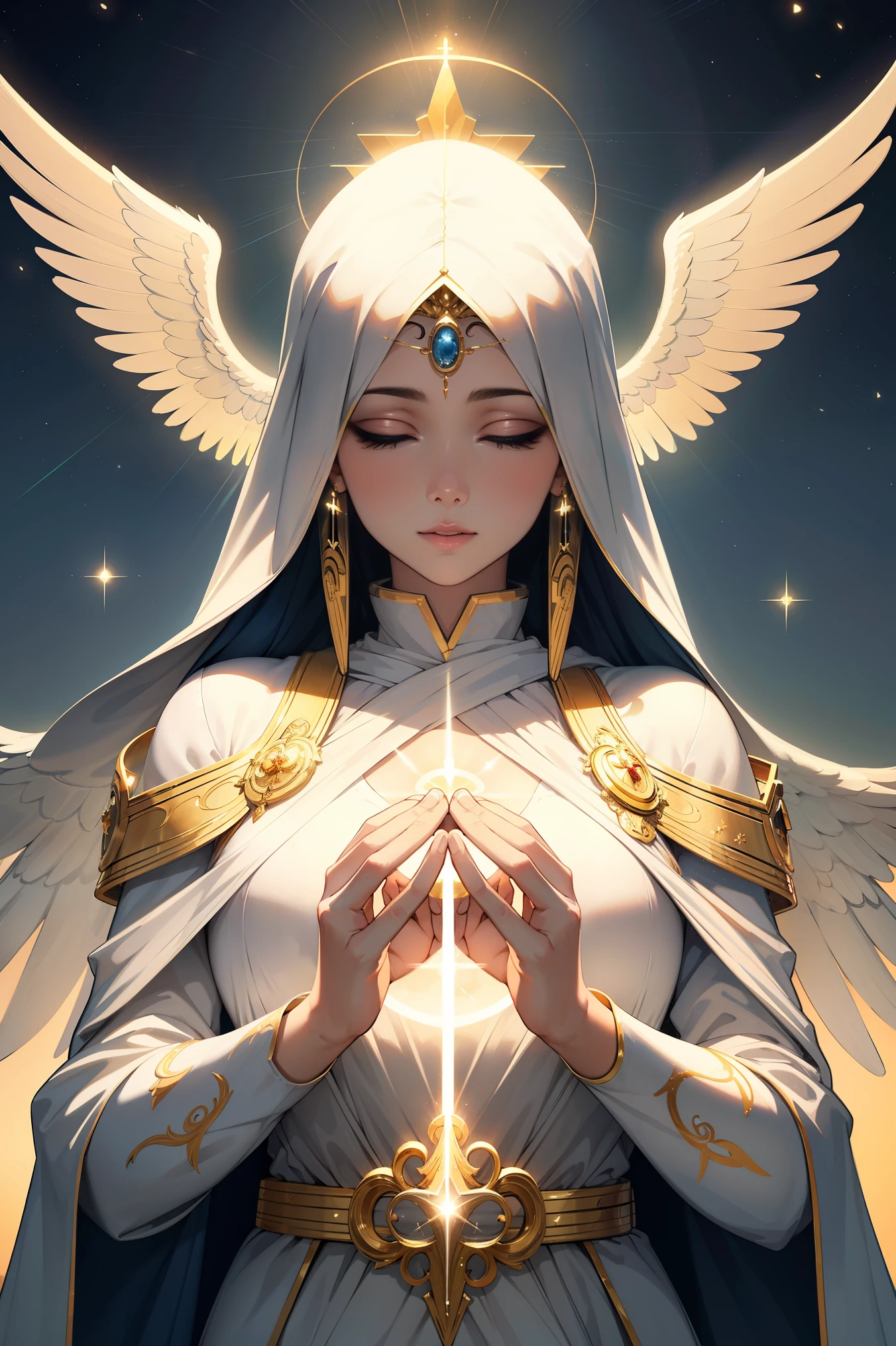 fotorrealista, (hiperrealista:1.2), Lindo, obra de arte, melhor qualidade, Rosto extremamente detalhado, perfect lighting, beautiful hands, perfect hands, Um anjo divino e radiante em esplendor celestial, (Heavenly presence:1.2), (serene expression), (Asas majestosas), (ethereal glow:1.1), (peaceful and comforting), (Beleza transcendente), (Divine grace), (symbol of purity), (Halo Dourado), (atmosfera edificante), (reino celestial), (spiritual lighting), (suave e protetor), (Luz iluminante:1.2), (Seraphic figure), (harmonia e serenidade), (vestes angelicais), (Atemporal e celestial), (aura cativante), (Healing and guidance)