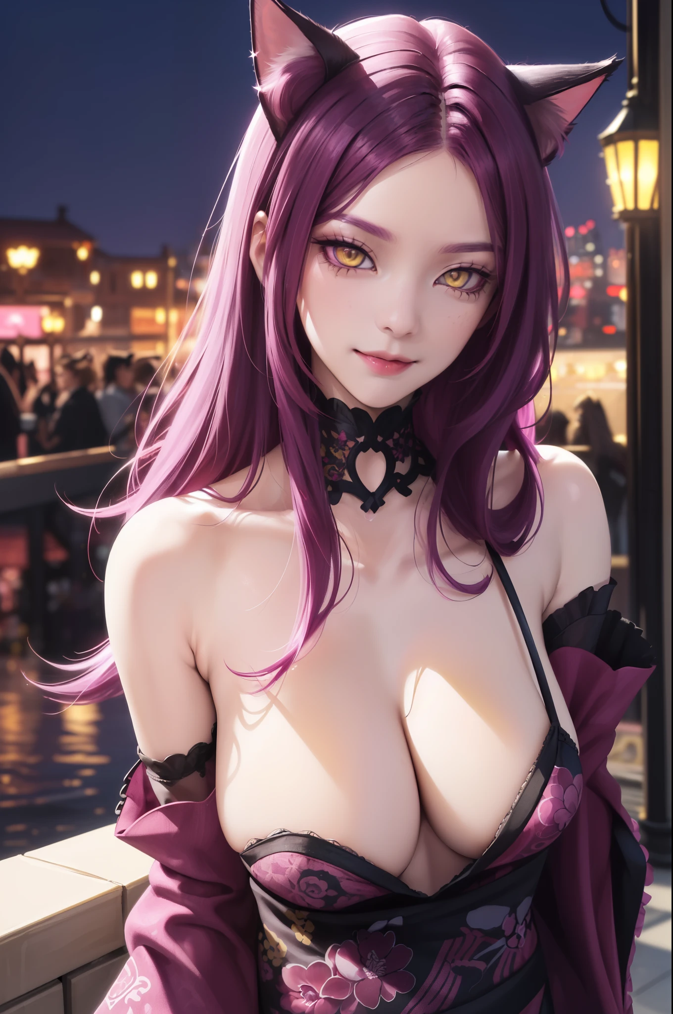 (masterpiece:1.2, best quality), (real picture, intricate details), (1lady, solo), upper body, close-up face, casual, natural fabrics, smile, Top Quality, Masterpiece, Hi-Res, Beautiful Face, photography, High Resolution, 4k, 8k, Asian face, magenta arm sleeve, detailed face, detailed eye, exposed shoulder, (((yellow eyes, magenta cat ears, big breast:1.5, magenta hair:1.5, magenta clothes:1.5, long hair, side fringe hair:1.2, forehead, long locks:1.5))), ((magenta hair:1.5, magenta kimono:1.5)), (background night city:1.5),