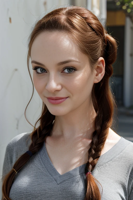 (school picture day), year book picture, sleek ponytail, braid, forehead, , youthful, teen, flirty smile, detailed eyes, blue eyes, no_makeup, eyelashes, freckles, perky breasts, cleavage, black hair, super long hair, wavy hair, looking at viewer, natural lighting, natural features, centerfold, fake lips, huge lips, lip fillers, (casual clothes), realism, girl, russian, ((pale))