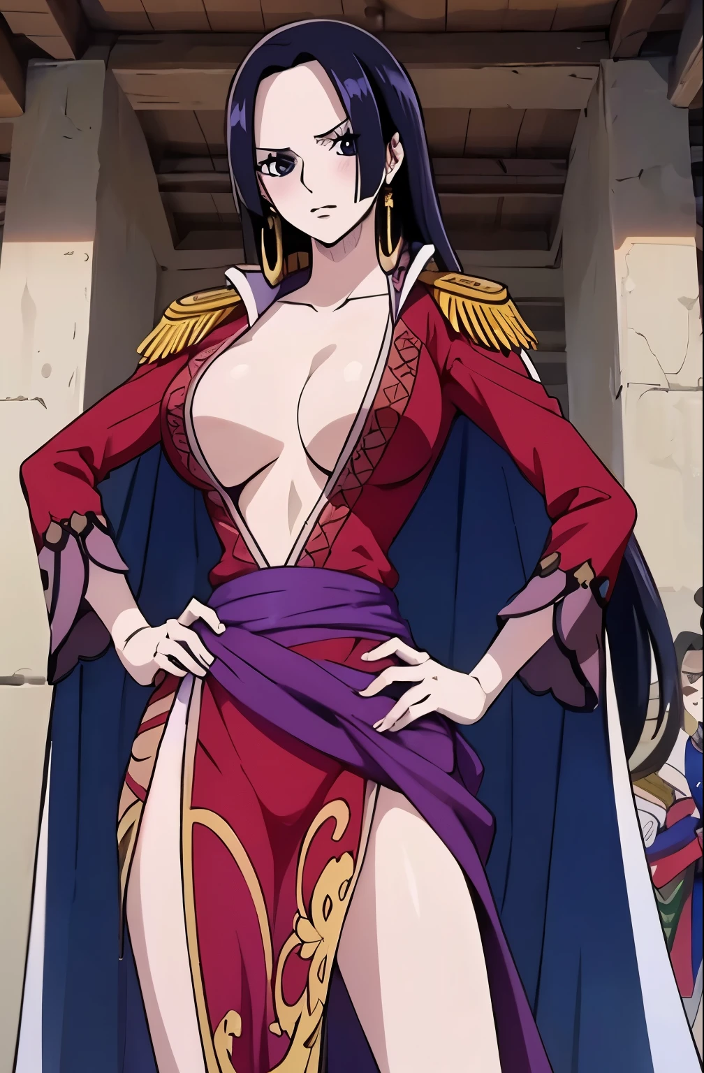 masterpiece, best quality, highres, hancock1, 1girl, boa hancock, large breasts, long hair, epaulettes, cape, side slit, cowboy shot, standing, looking at viewer, sexy pose, safe for work, hands behind, perfect finger,