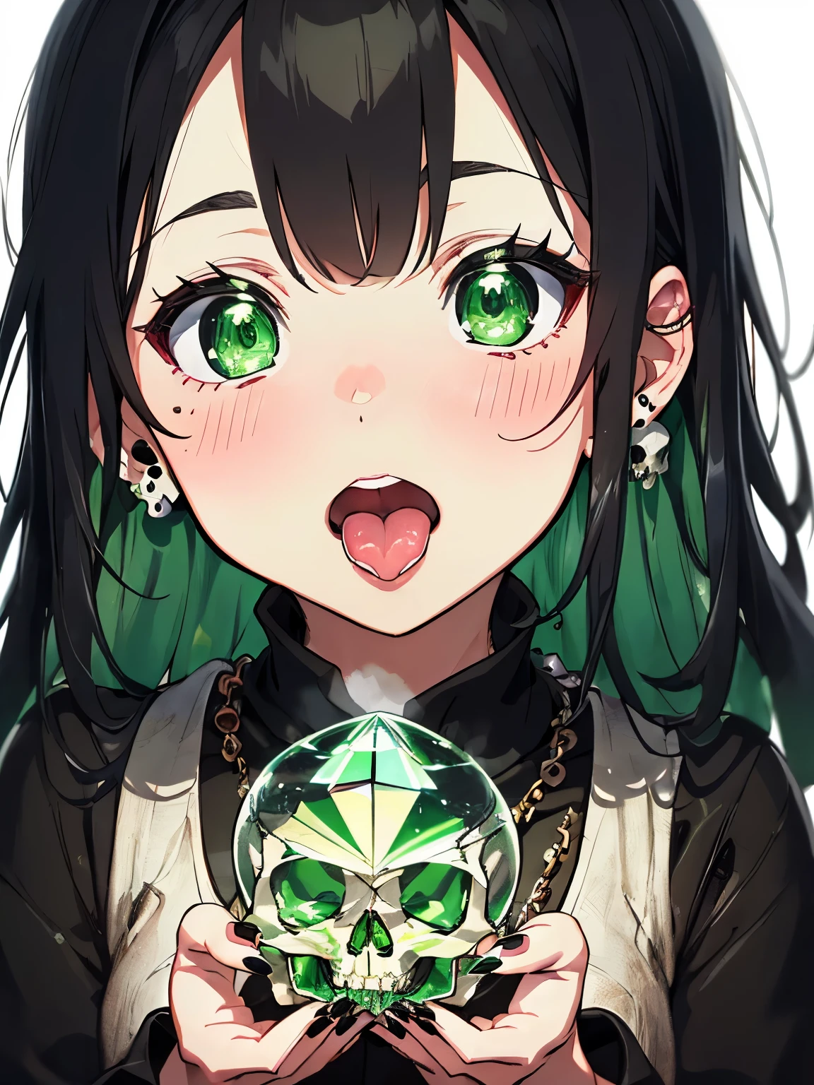 character//1 girl,(greenish shiny black hair:1.2),((Long curled hair:1.2)),(With bangs),((Green eyes that emit a suspicious light:1.3)),((eye size:1.3)),BREAK//(black witch-like robe:1.3),(dark green nails),(nails are sharp and long:1.4),((Necklaces and earrings that glow suspiciously in green:1.2)),BREAK//((transparent crystal in the shape of a skull:1.6)),((skull crystal size:1.6)),((Holding the Skull Crystal in both hands, his cheeks are pressed together.)),BREAK//(A pleasant face with lowered eyebrows),((ahe face:1.5)),(blush),(tongue licking),((close up of face:1.35)),BREAK//((An antique room filled with green steam:1.3)),(((A dark place completely shrouded in darkness))),(nsfw),