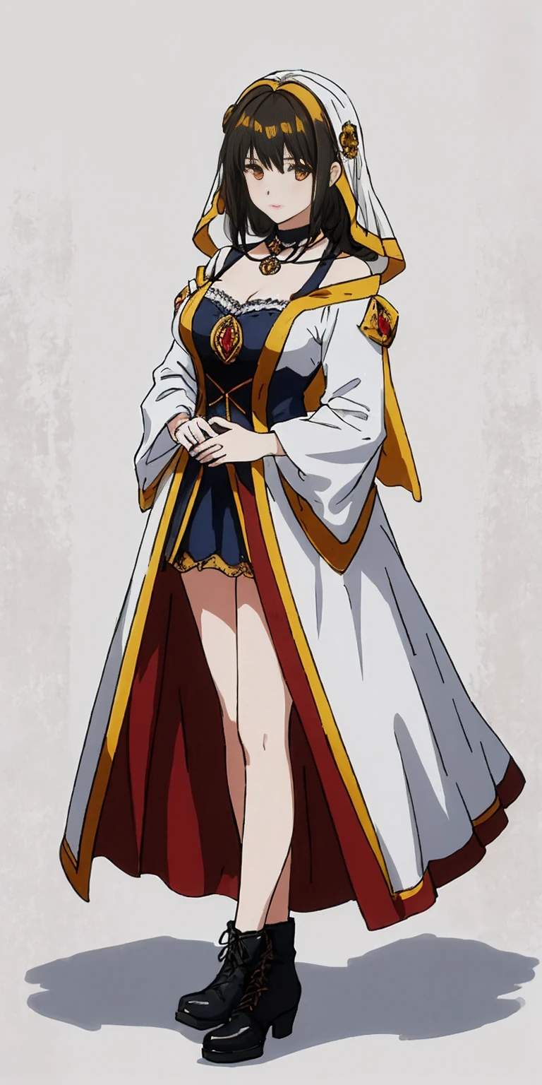 full body of a woman in a dress with a veil, feet together, standing feet together, militar boots, beautiful fantasy maiden slave warrior, beautiful fantasy art portrait, fantasy victorian art, medieval fantasy art, beautiful and elegant queen Roxxane, portrait of queen of light, fantasy portrait art, gothic fantasy art, a beautiful fantasy empress, ((white background)) ((looking to the camera))