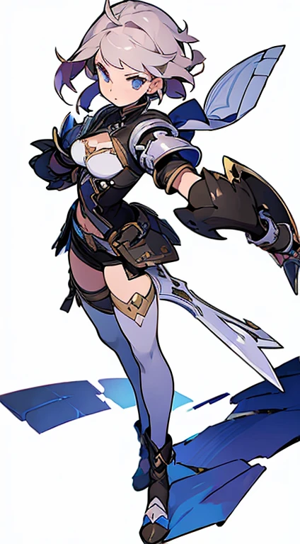 (((Best Quality))) , ((full body)), female, reference sheet, solo, (white background), holding sword, gauntlets, thigh high, bustier,