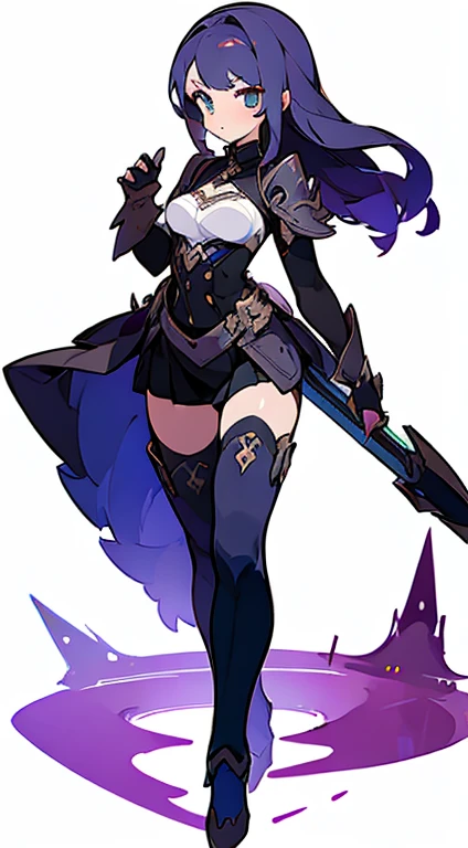 (((Best Quality))) , ((full body)), female, reference sheet, solo, (white background), holding sword, gauntlets, thigh high, bustier,