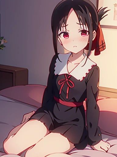 nsfw,Bedroom、on the bed、lie down、On your back、Watery eye、blush、Kaguya Shinomiya、red eyes,red ribbon,hair ribbon,bangs,short hair,side lock,folded ponytail,black hair,parted bangs, Uniform of Shunaiin Gakuen,black dress,neck ribbon,clavicle,white sailor collar