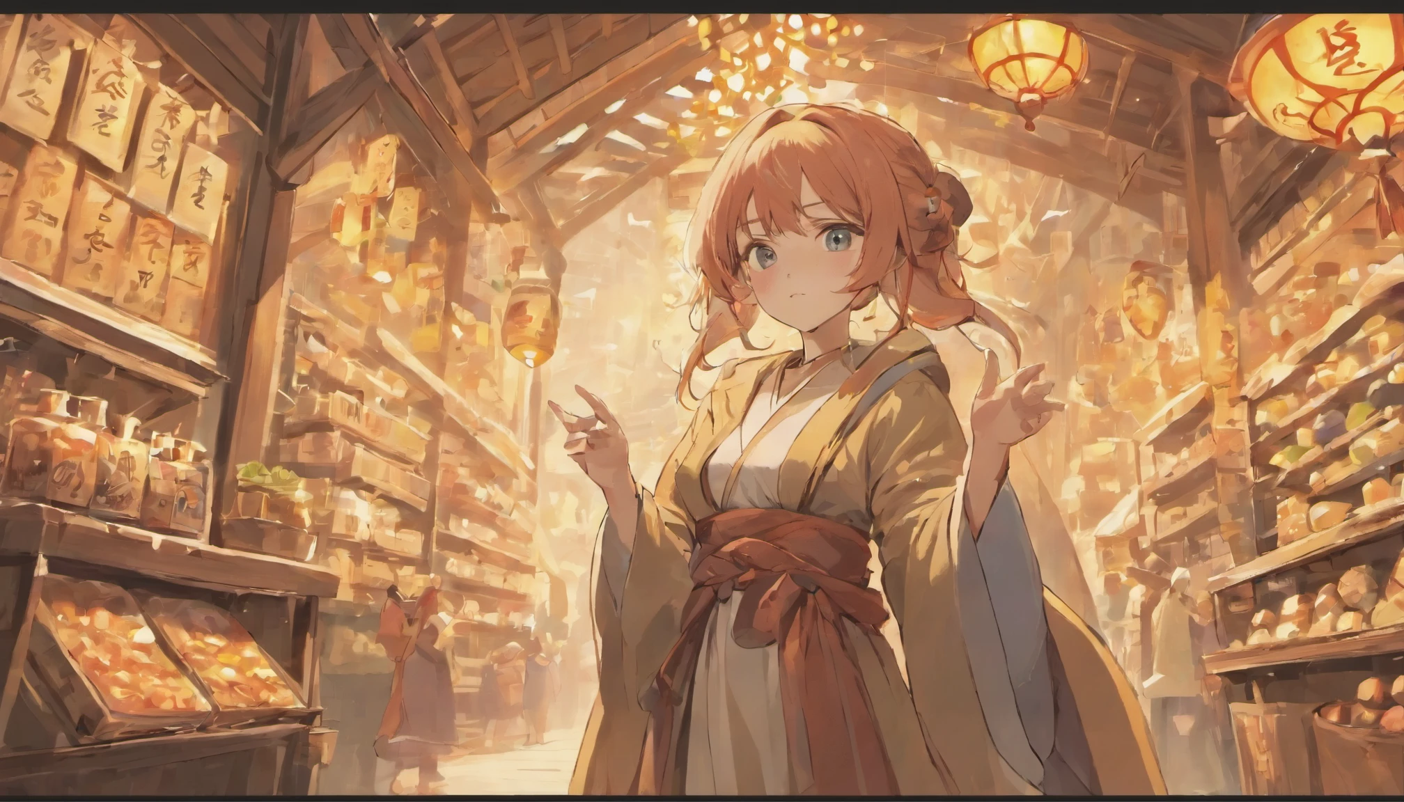 Cute female merchant selling magical items in a busy market,fantasic world,wearing robe,many goods display,masterpiece,soft line