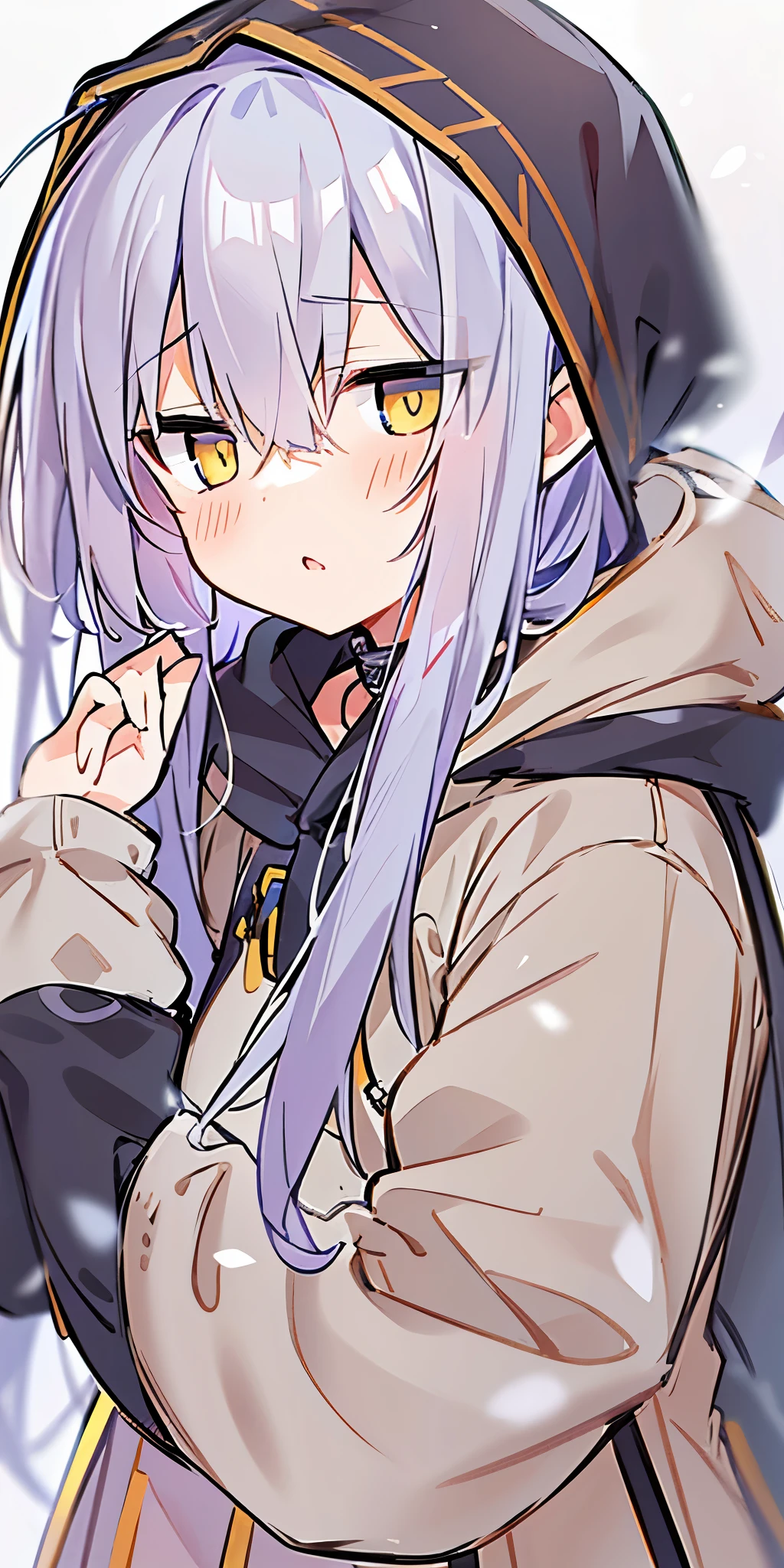 、long hair、cute、white stockings、Heart-shaped pupils、solo、gray hair、indoor、blush、winter、snow、outdoor,golden eyes、Ahoge、(((Black hoodie)))、
