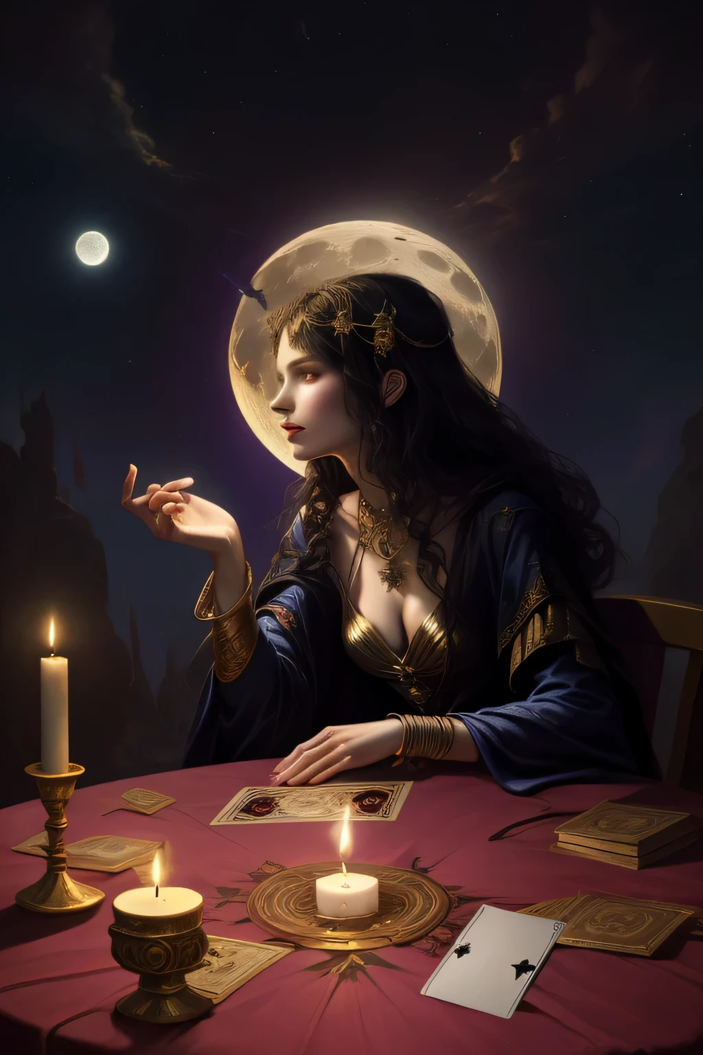 there is a woman sitting at a table with cards and a candle, fortune teller, inspired by Godfried Schalcken, lunar goddess, inspired by Ruth Sanderson, tarot art, tom bagshaw artstyle, high detailed + tarot card, as a tarot card, moon goddess, the high priestess, tom bagshaw style, fractal