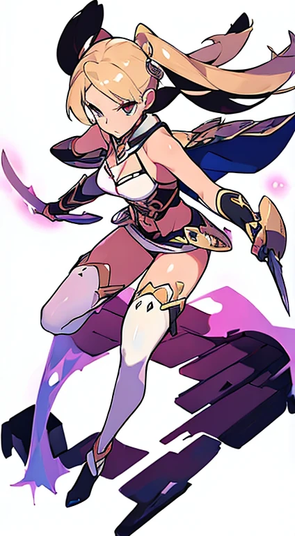 (((Best Quality))) , ((full body)), female, reference sheet, solo, (white background), holding sword, gauntlets, thigh high, bustier,