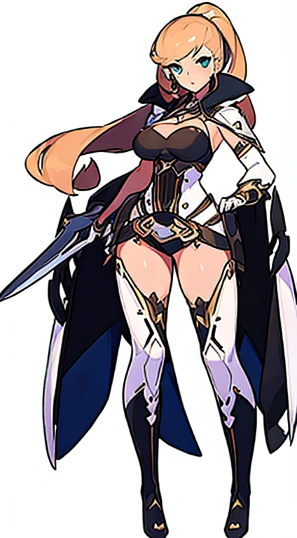 (((Best Quality))) , ((full body)), female, reference sheet, solo, (white background), holding sword, gauntlets, thigh high, bustier,