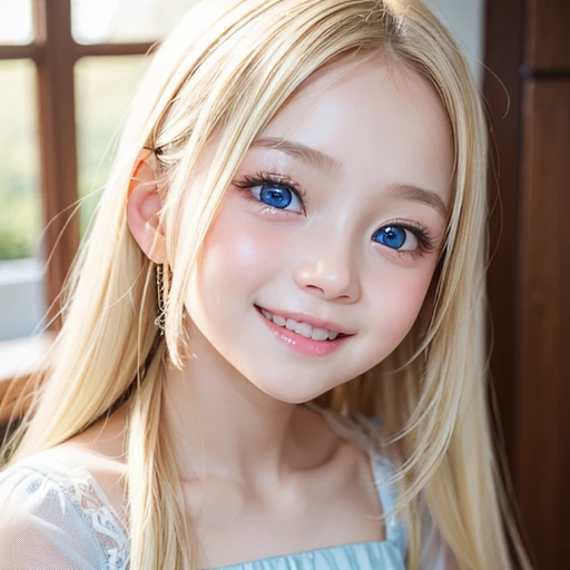 one very beautiful cute young girl、10 years old、((very happy smile ))、Embarrassed blush、shiny skin、 Very cute and beautiful face、Shiny and very beautiful pure white skin、Very beautiful and cute light blue eyes、Beautiful very long shiny blonde hair with golden shine、Beautiful cute bright look、Clear double eyelids