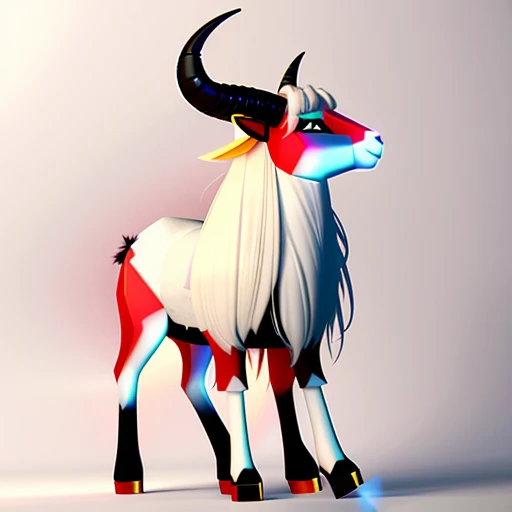 Side view of a hellish goat dressed in a pretty girl's dress, anthropomorphic -goat, full body render, goat girl with a lush horns,  ((pentagram on a forehead)), sad, blood from the eyes, head down, flowers in her hand, devilish goat, Satan's goat