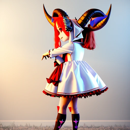 Side view of a hellish goat dressed in a pretty girl's dress, anthropomorphic -goat, full body render, goat girl with a lush horns,  ((pentagram on a forehead)), sad, blood from the eyes, head down, flowers in her hand, devilish goat, Satan's goat