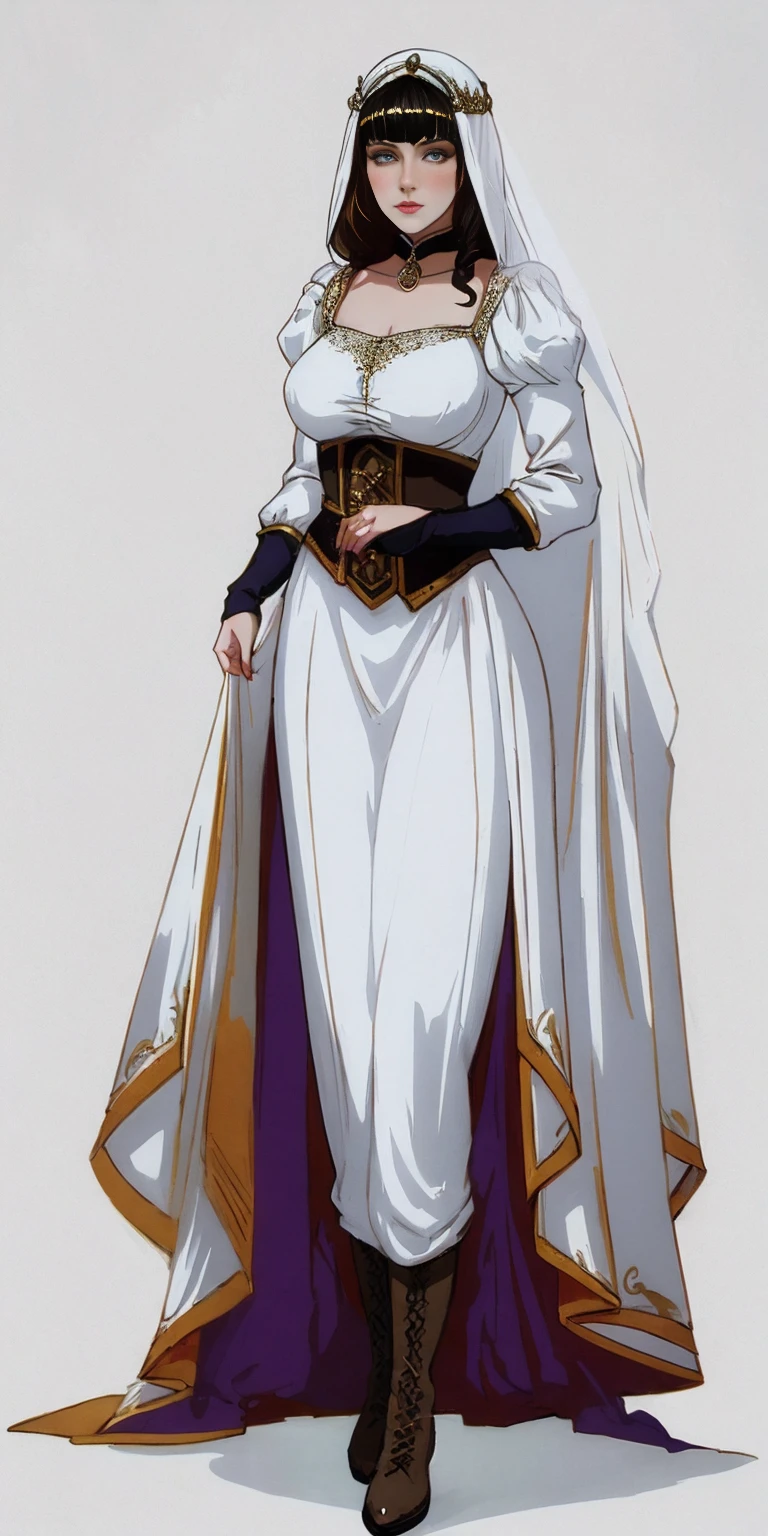 full body of a woman in a dress with a veil, feet together, standing feet together, militar boots, beautiful fantasy maiden slave warrior, beautiful fantasy art portrait, fantasy victorian art, medieval fantasy art, beautiful and elegant queen Roxxane, portrait of queen of light, fantasy portrait art, gothic fantasy art, a beautiful fantasy empress, ((white background))