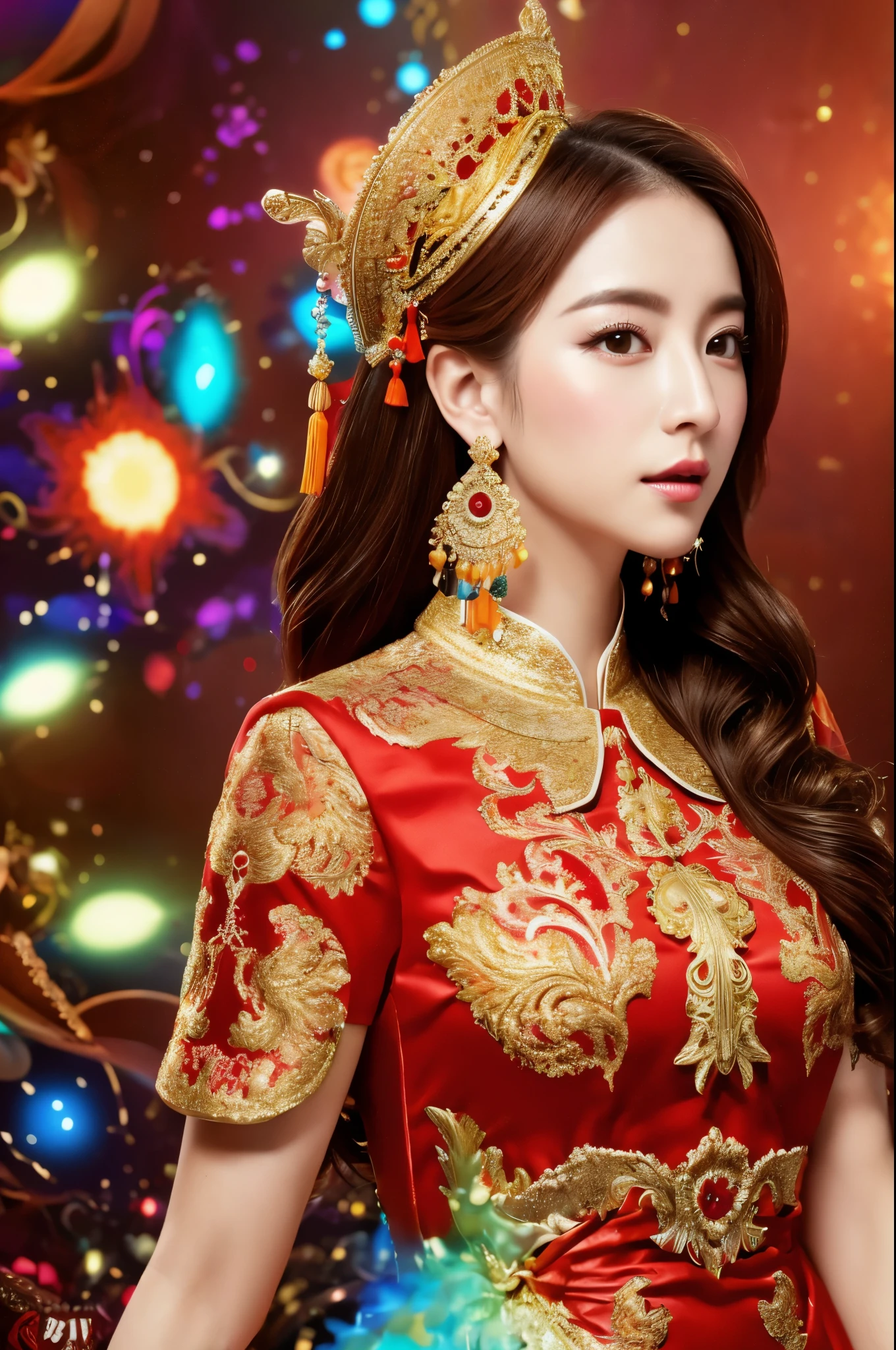 A woman in a red and gold Chinese dress,Phoenix crown,a chinese wedding,(tmasterpiece,top Quority,best qualtiy,offcial art,Beauty and aesthetics:1.2),(1girll:1.3),The is very detailed,(s fractal art:1.1),Most detailed,(zentangle:1.2), full bodyesbian, (abstract backgrounds:1.3), (Shiny skin), (many color:1.4), ,(Earrings), (feater:1.5),
