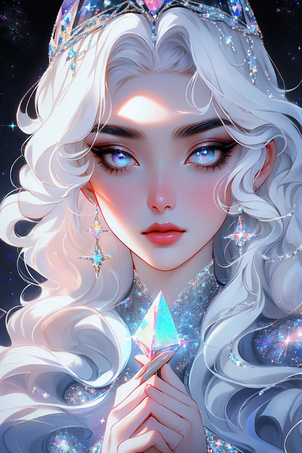 {-erro_de_anatomia:1.0} masterpiece, highest quality, (perfect face:1.1, (high detail)1.1, sweet stardust vampire , long soft white hair, opal eyes, perfectly drawn face, black dress, stars detailed background, prismatic lighting, glitter, whole bod., Very sexy, kneeling holding a crystal star in her hands