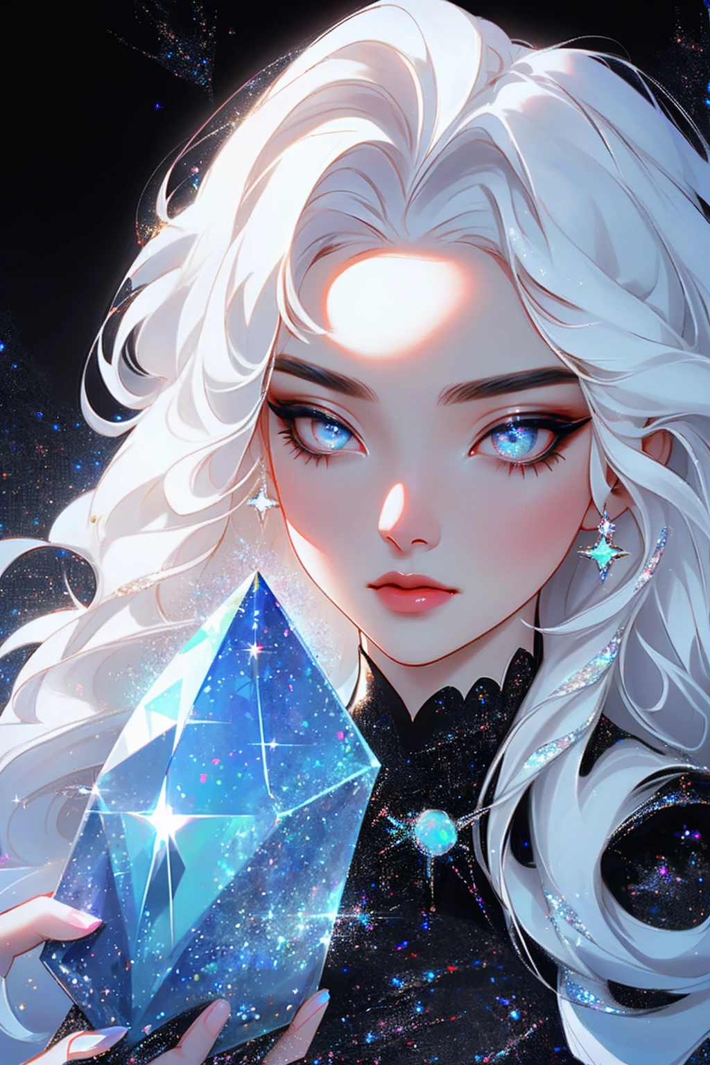 {-erro_de_anatomia:1.0} masterpiece, highest quality, (perfect face:1.1, (high detail)1.1, sweet stardust vampire , long soft white hair, opal eyes, perfectly drawn face, black dress, stars detailed background, prismatic lighting, glitter, whole bod., Very sexy, kneeling holding a crystal star in her hands