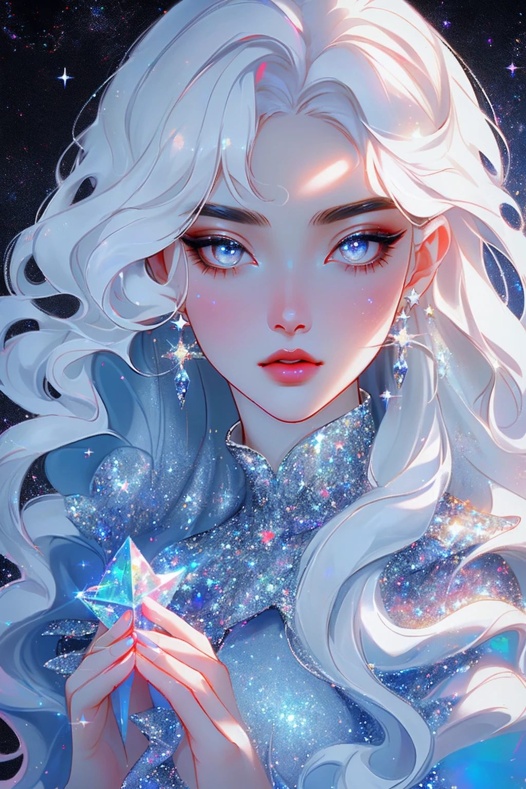 {-erro_de_anatomia:1.0} masterpiece, highest quality, (perfect face:1.1, (high detail)1.1, sweet stardust vampire , long soft white hair, opal eyes, perfectly drawn face, black dress, stars detailed background, prismatic lighting, glitter, whole bod., Very sexy, kneeling holding a crystal star in her hands