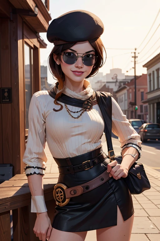 (masterpiece,stunning girlfriend, (standing:1.1), dynamic pose, heart shaped face, elegant face, beautiful face, highly detailed face, highly detailed skin, skin pores, subsurface scattering, realistic pupils, loving smile, looking at viewer, full face blush, full lips, detailed background, depth of field, atmospheric perspective, volumetric lighting, sharp focus, absurdres, realistic proportions, good anatomy, (realistic, hyperrealistic:1.4), 16k hdr, (masterpiece, best quality:1.2), cowboy shot, solo, 1girl, coco adel, grin, looking at viewer, hand on hip, beret, white dress, jewelry, belt, bandolier, sunglasses, standing on busy street corner, bookshop, crowd, ((sfw))