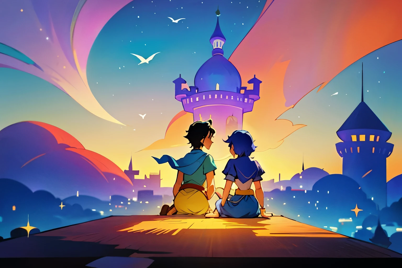 aladdin and the magic lamp、Prince、Princess、Flying in the sky on a carpet、You can see the castle below