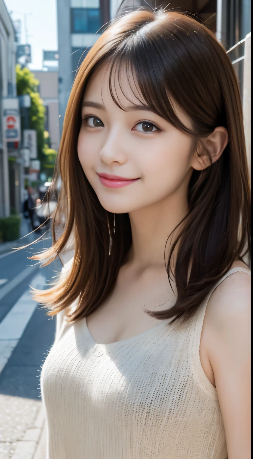 masutepiece, Best Quality, Illustration, Ultra-detailed, finely detail, hight resolution, 8K Wallpaper, Perfect dynamic composition, Beautiful detailed eyes, doress,Medium Hair, Natural Color Lip, Random and sexy poses,Smile,Aoyama Street Walk、20 years girl