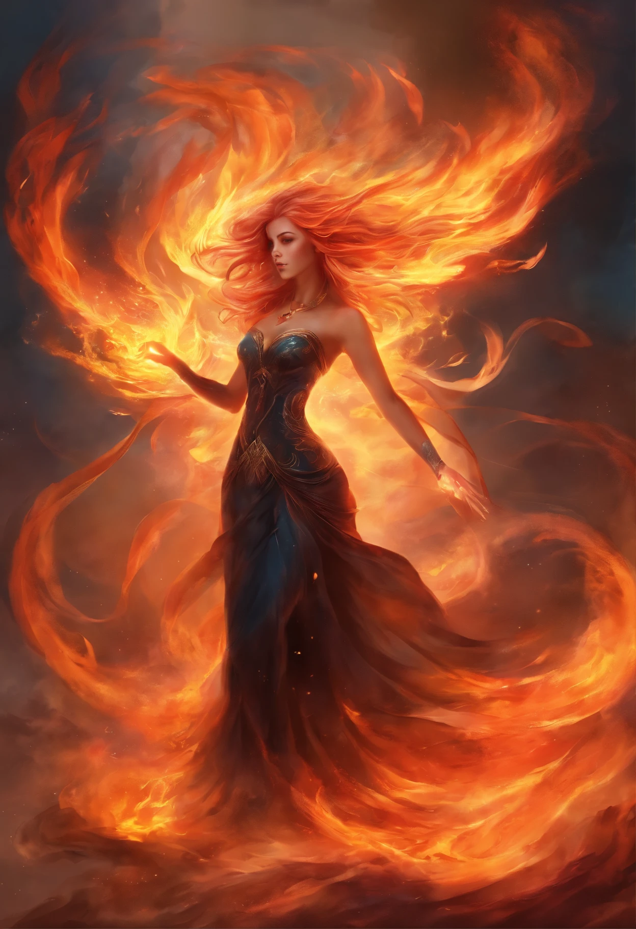woman in a black dress sits on the ground covered in fire, flames surround her, engulfed in swirling flames, Goddess of Fire, fantasy art behance, enveloped in flames, her hair is made out of fire, she has fire powers, A dress made of fire, Dark Phoenix, appears as the goddess of fire, Surrounded by fire, her body made of flames
