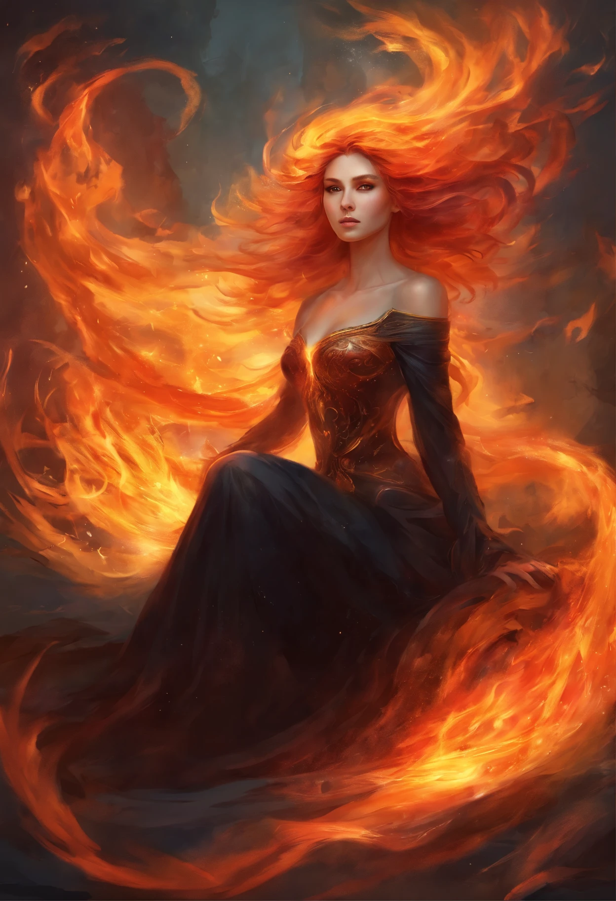 woman in a black dress sits on the ground covered in fire, flames surround her, engulfed in swirling flames, Goddess of Fire, fantasy art behance, enveloped in flames, her hair is made out of fire, she has fire powers, A dress made of fire, Dark Phoenix, appears as the goddess of fire, Surrounded by fire, her body made of flames