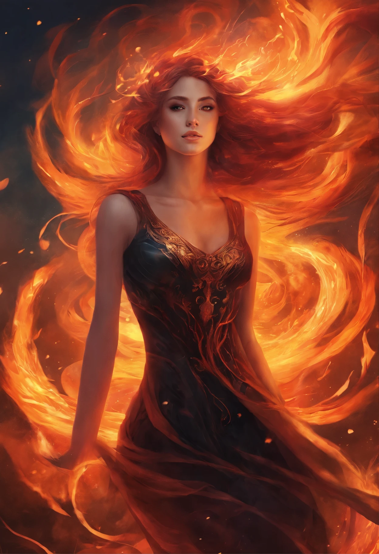 woman in a black dress sits on the ground covered in fire, flames surround her, engulfed in swirling flames, Goddess of Fire, fantasy art behance, enveloped in flames, her hair is made out of fire, she has fire powers, A dress made of fire, Dark Phoenix, appears as the goddess of fire, Surrounded by fire, her body made of flames