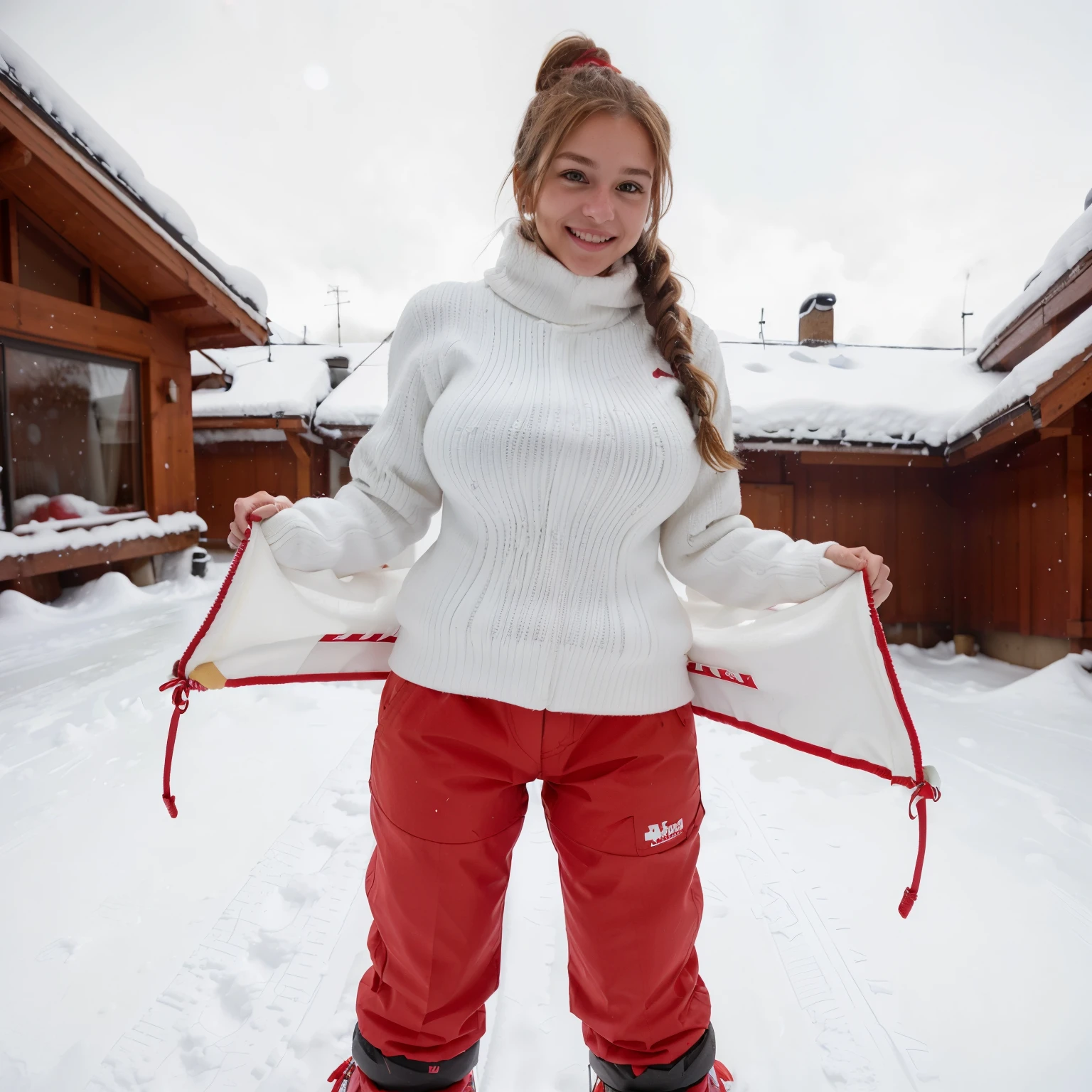 Beautiful woman, around 28 years old, long wavy chestnut hair tied up in a ponytail, rosy cheeks, bright blue eyes filled with excitement, wearing a stylish ski outfit - a red and white parka, fitted ski pants, and insulated snow boots. She is posing confidently with a snowboard in hand, her legs slightly bent, one foot positioned on the board, and the other foot slightly off to the side. Snow is falling gently around her, making her stand out even more against the pristine white background of the ski resort. Her lips are curved into a small smile, showcasing her perfectly aligned teeth. The scene is captured in high definition, the details of her clothes, gigantic breasts, giga_busty